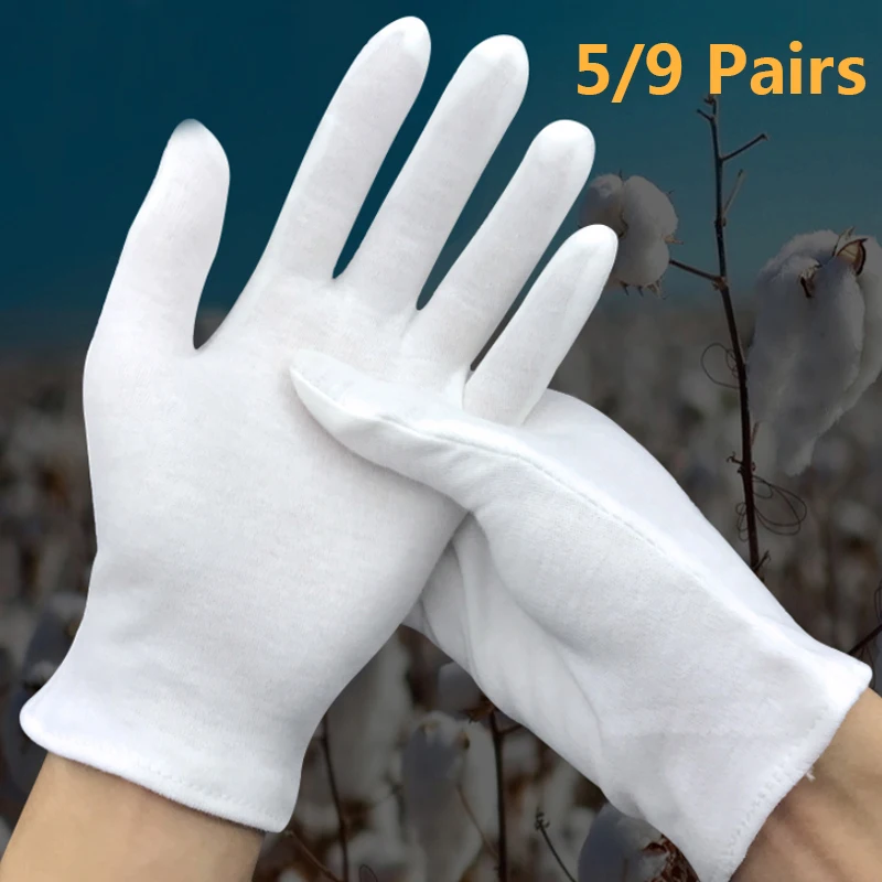 

5/9 Pairs White Cotton Work Gloves Wholesale High Quality Cotton Stretchable White Gloves For Men Women Household Cleaning Tools