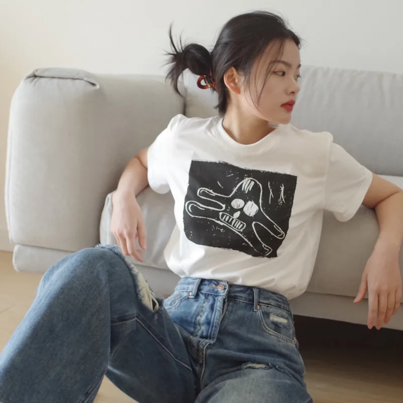 

100% Cotton Cartoon Print Woman T-shirts Round Neck Short Sleeve Loose women t-shirt Summer casual girls White Tops 2021