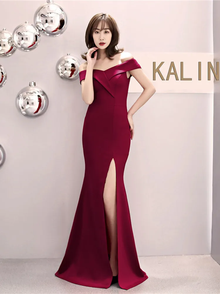 Skyyue Evening Dress Off The Shoulder Women Party Dresses Short Sleeve Robe De Soiree Sexy V-neck Split Formal Gowns C087