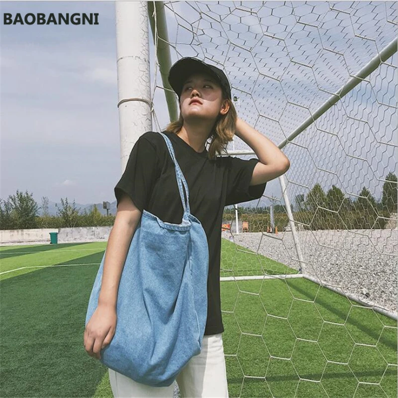 

Simple Casual Wild Color Denim Canvas Shoulder Bag Large Capacity Durable Eco-friendly Shopping Bag Girl Vintage Style Satchel