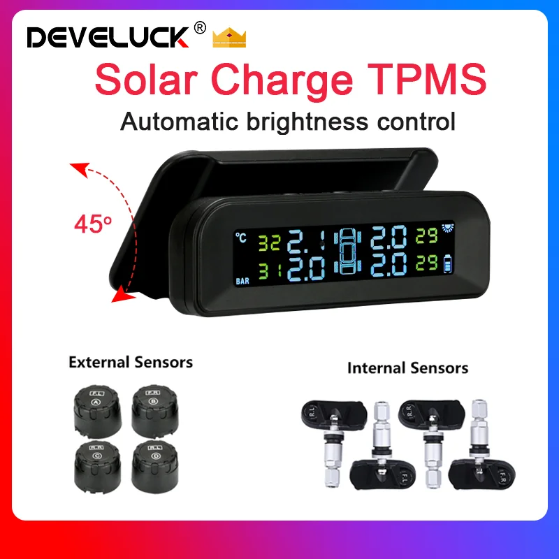 Система контроля давления в шинах TPMS, автоматическое управление яркостью, крепление к стеклу, беспроводная система контроля давления в шинах на солнечной батарее с 4 датчиками - изображение