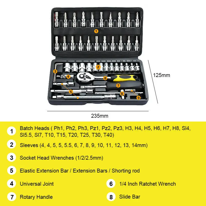 

46pcs Spanner Socket Screwdriver 1/4inch Ratchet Wrench Box Repair Hand Tools