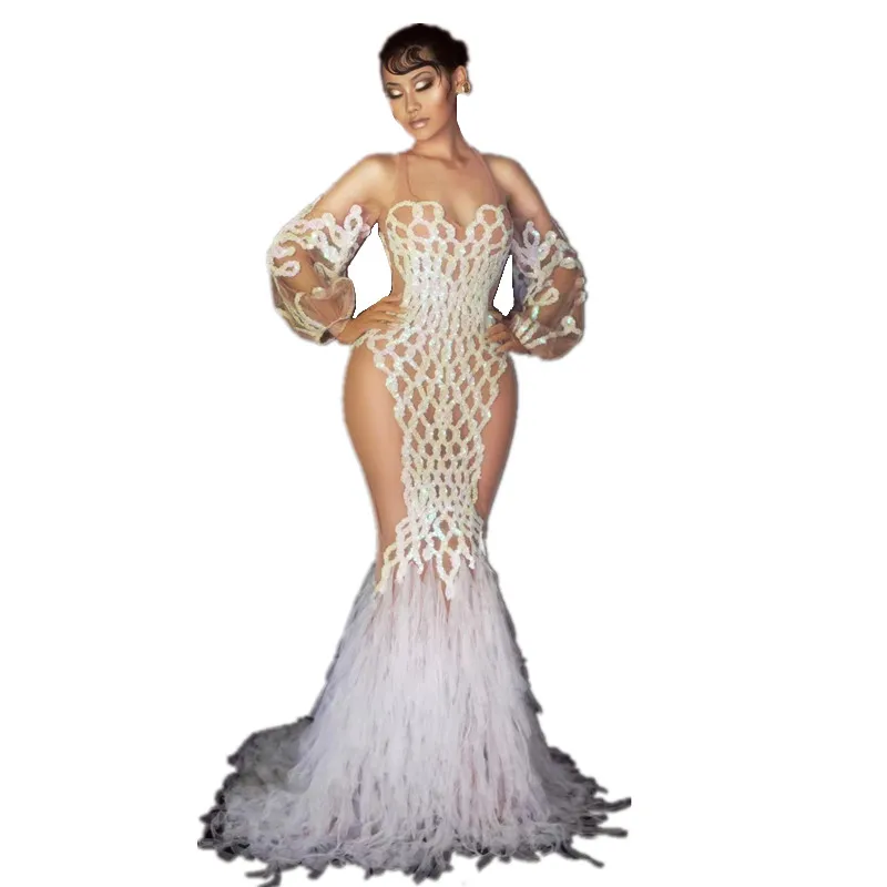 

Блестящее белое платье с блестками и кисточками со шлейфом, платье русалки с открытыми плечами и лямкой на шее, прозрачное женское вечернее платье для дня рождения