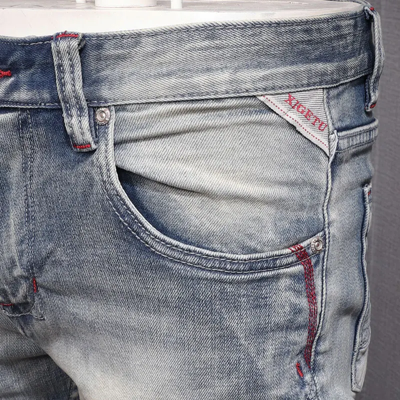 Italian Style Fashion Men Jeans Retro Light Gray Blue Elastic Slim Ripped Jeans Men Vintage Designer Denim Pants Street Trousers