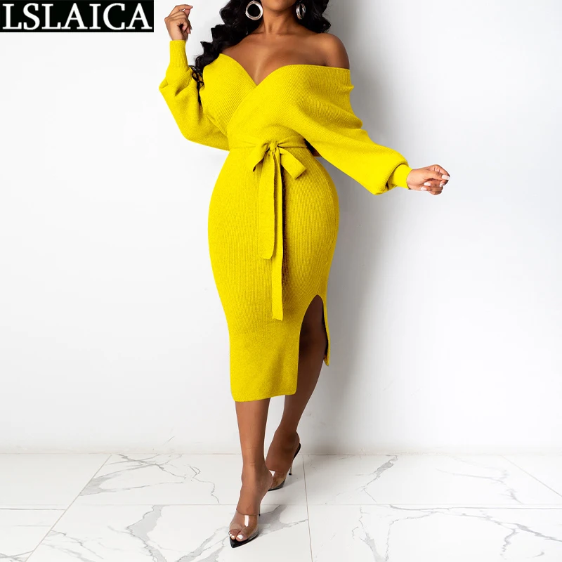 

Elegant Maxi Dresses for Women Fashion Solid Long Sleeve V Neck Sweater Dress Autumn Winter Plus Size Sashes Mid-Calf Dress