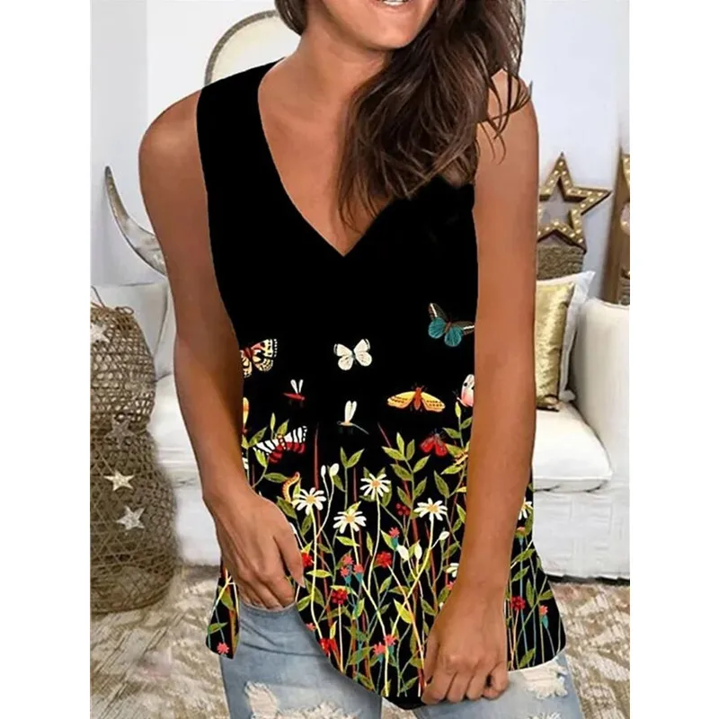 

2021 Loose Street Hipster V-Neck Casual All-Match Vintage Printed Pullover Summer Women's Clothing Tank Top Sleeveless Shirt