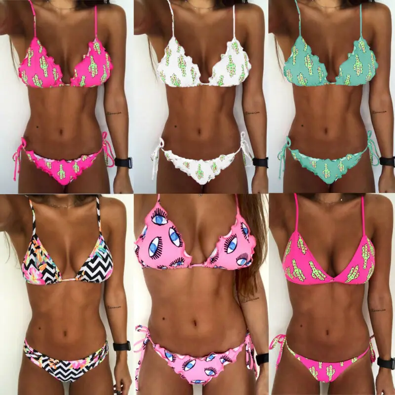 Женский бандажный купальник бикини с принтом кактуса пуш-ап Мягкий купальный