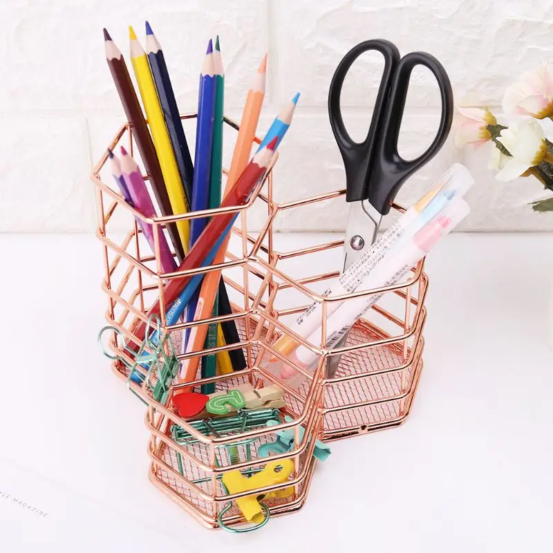 

Nordic Style Makeup Storage Box Hexagon Case Brush Pen Pencil Holder Desk Organizer Iron Storage Container