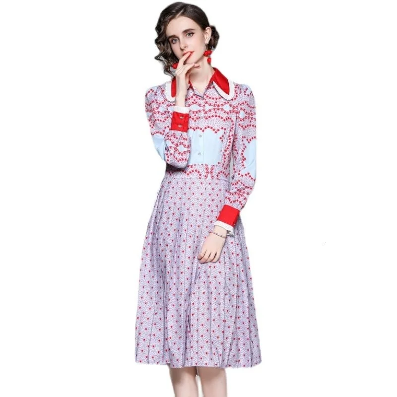 

Women's Runway Autumn Polka Dots Printed Heart Dress Shirt Single Breasted Red Peter Pan Collar Long Sleeve Midi Dresses Female