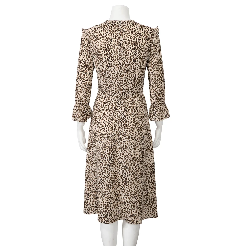 

vintage leopard women dress flare long sleeve midi streetwear autumn zipper dresses M30423