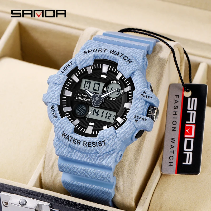 SANDA Women Multifunctional Dual Display Watch HD LED Digital Scale Sports Watches Timer Alarm Clock 50M Waterproof Luminous