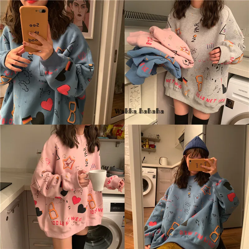 

2021 Spring Womens Clothes Hoodies Teen Street Harajuku Hip Hop Pastel Sweatshirt for Women Printing Loose Leisure Hoodie Bts