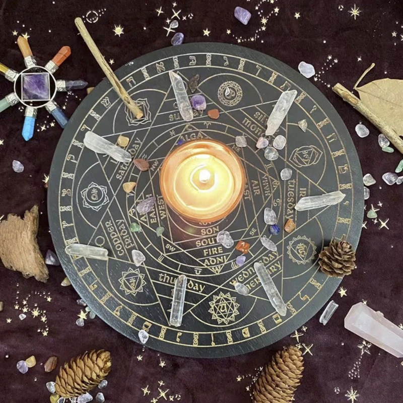 

Witch Divination Pendulum Board Seven Chakra Crystal Energy Disk Oak Carved Astrolabe Altar Pendulum Prayer Ceremony Props