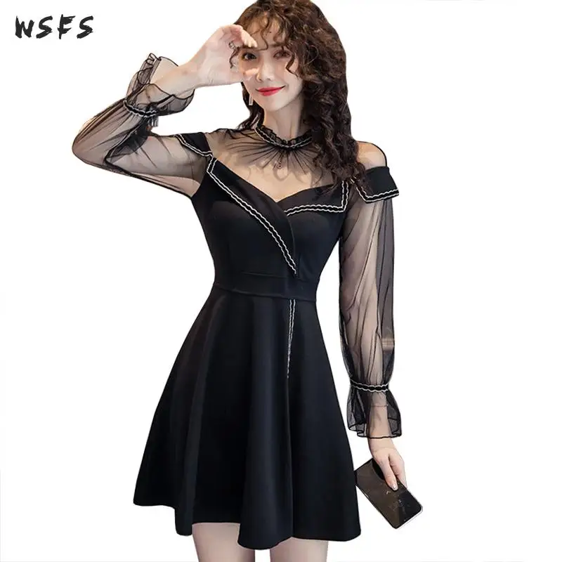 Осеннее платье для женщин черные сетчатые винтажные корейские платья с