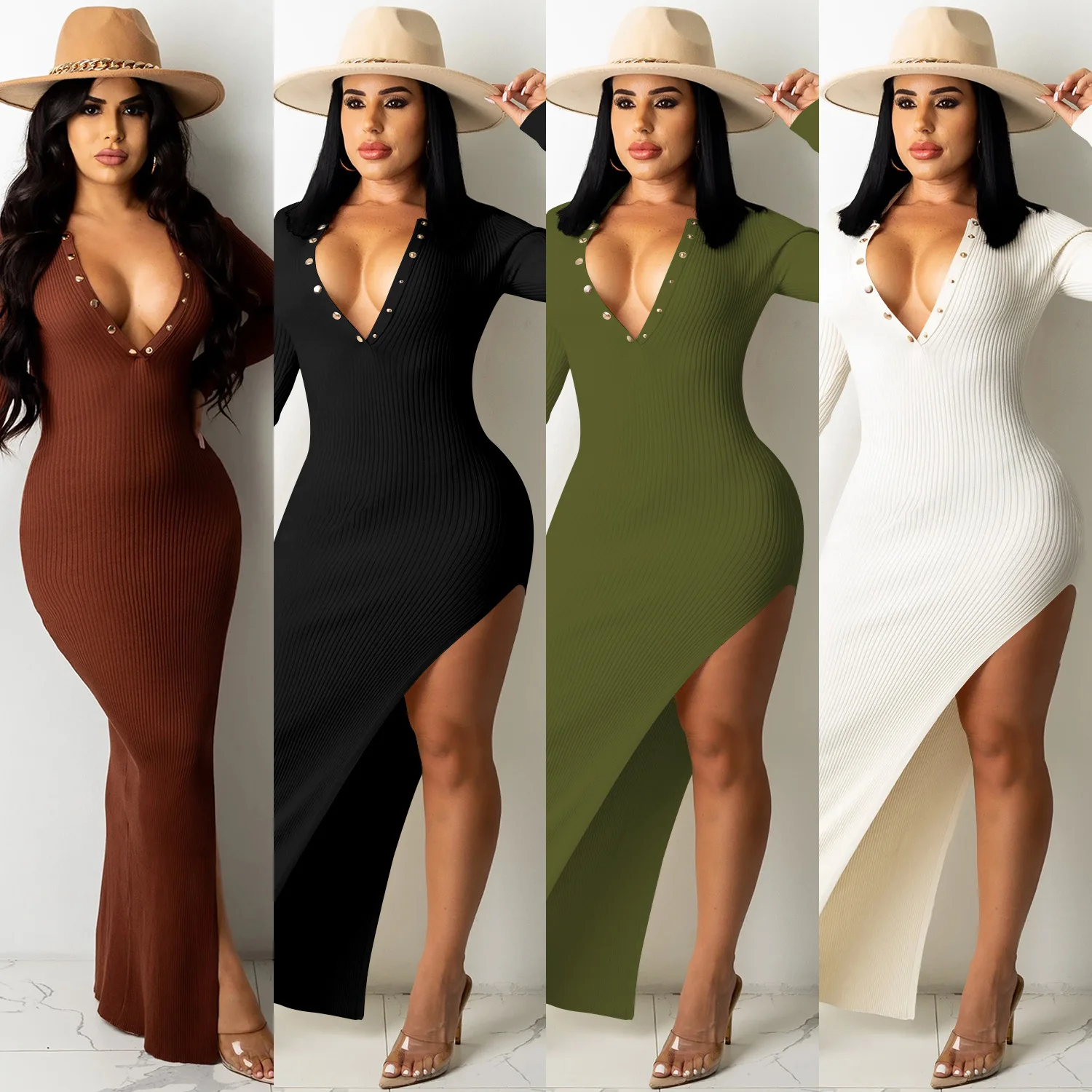 

Casual Elegant Knitted Solid V Neck Backless Long Sleeved Split Long Dress Women Sexy Stitching Slit Rib Dresses 2021 New Autumn