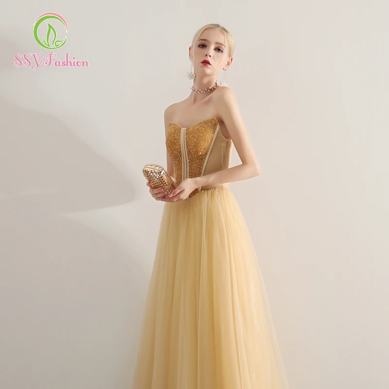 Женское вечернее платье SSYFashion роскошное золотистое трапеция без рукавов и
