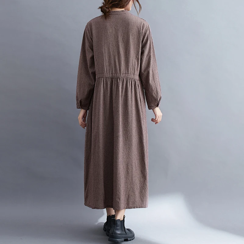 

Fall 2020 New Artistic Retro Small Plaid Cotton and Linen Long-Sleeved Dress Cinched Drawstring Slimming A- line Dress