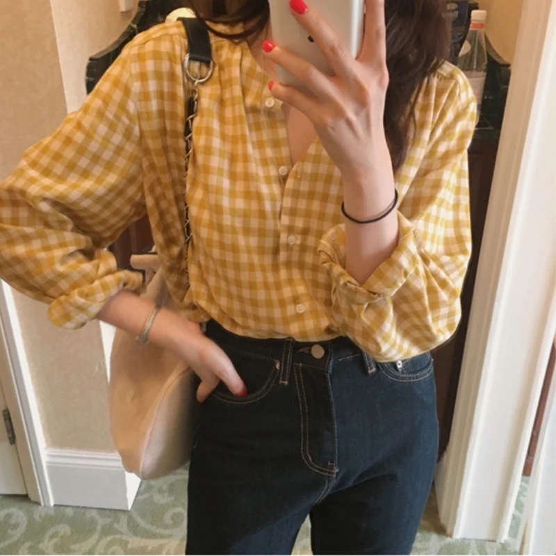 

Long Lantern Sleeve Plaid Shirts V-Neck Women Korean Fashion Work Shirt Elegant Office Ladies Casual Tops