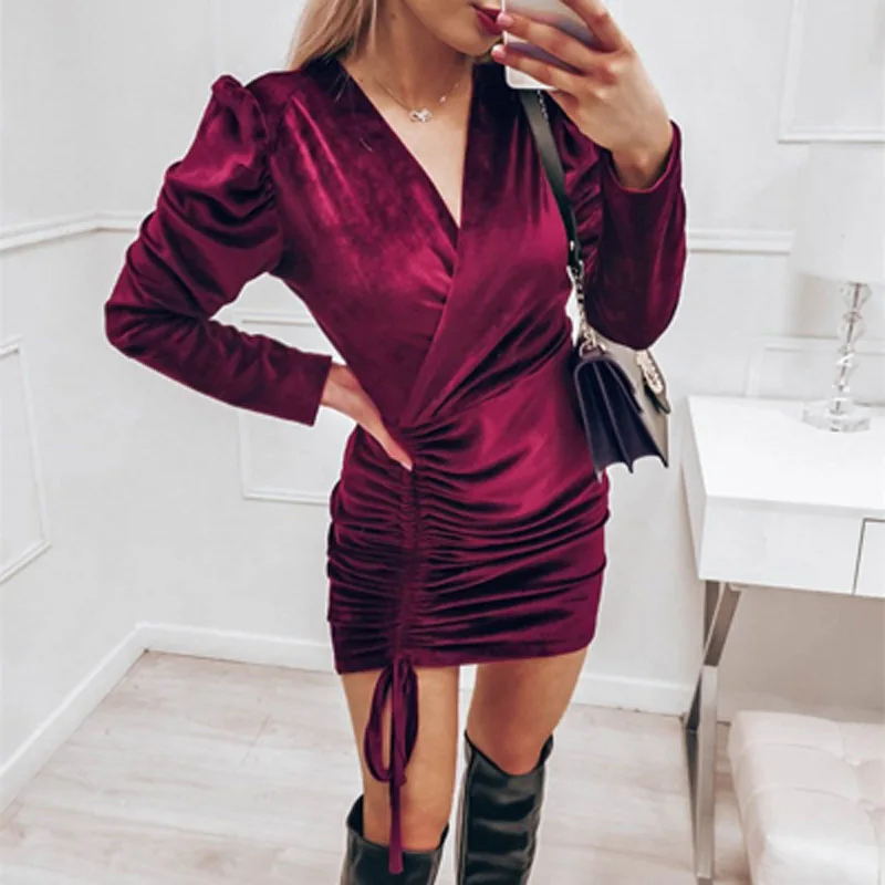 

Casual Winter Warm Mini Dress Autumn Long Puff Sleeve Party Dress Elegant Bandage Belt Women Velvet Dress Streetwear