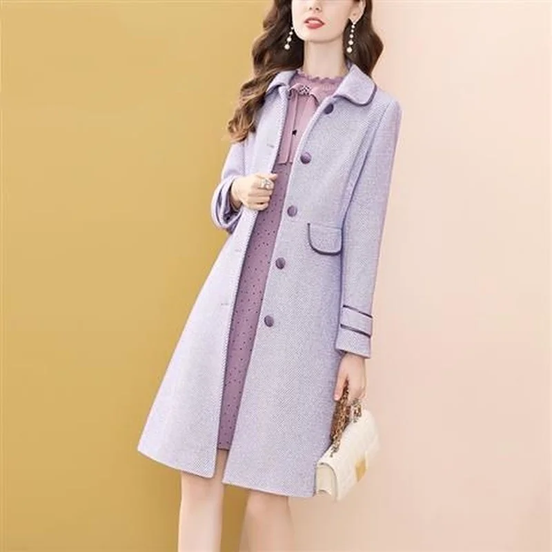 

Purple Woolen Coat Women's Mid-length Style 2021 Spring and Autumn New Temperament Slim and Thin All-match Fashion Coat