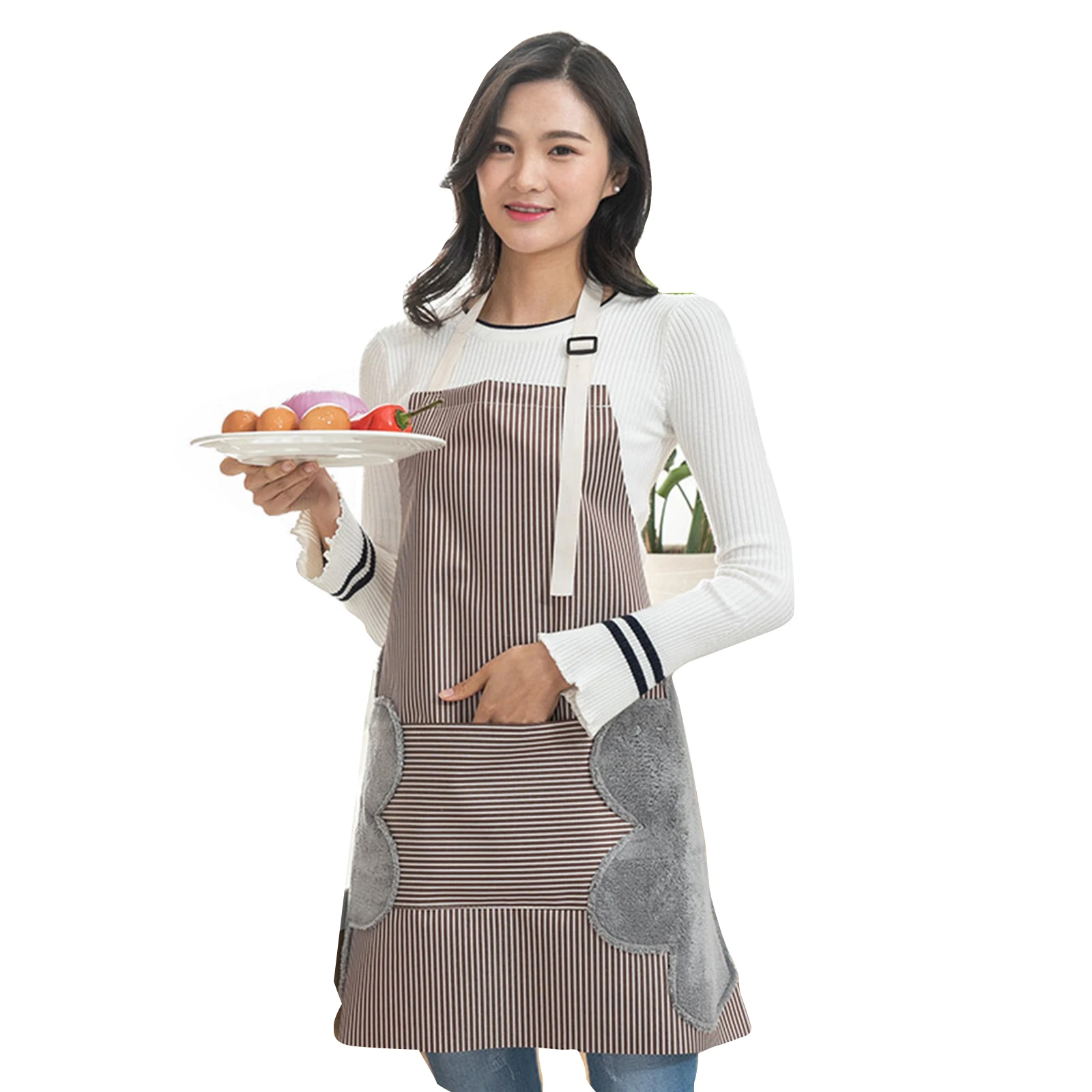 

Kitchen Waterproof Apron Neck Hanging with Hand Wiping Towel Oil-proof Home Kitchen Apron C44