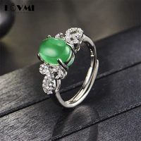 fashion womens jewelry 925 sliver jade rings green oval flower shape crystal ring adjustable promise party for mothers gifts