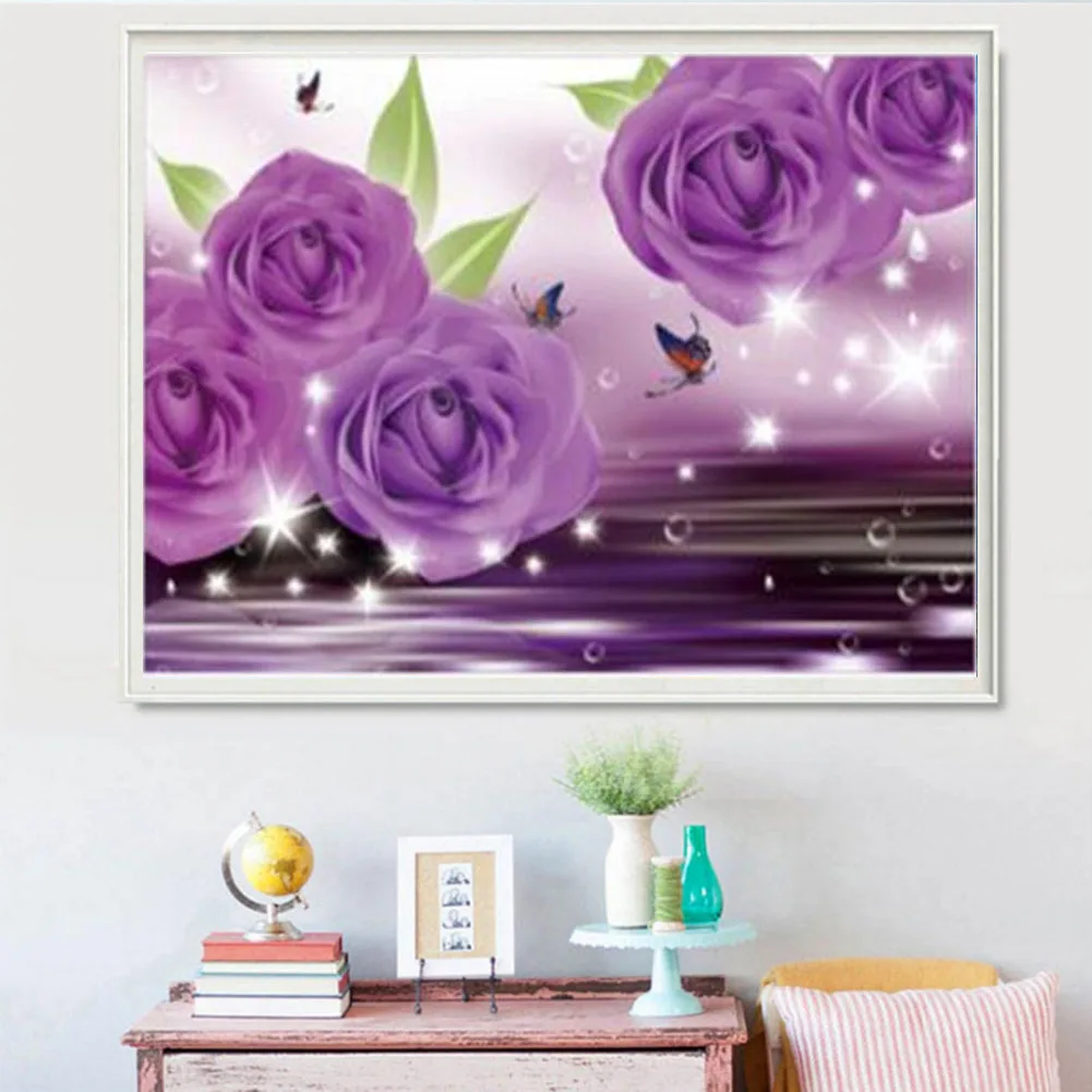 

5D Diy Diamond Painting Flowers Purple Rose Drill Cross Stitch Crystal Round Diamond Sets Embroidery