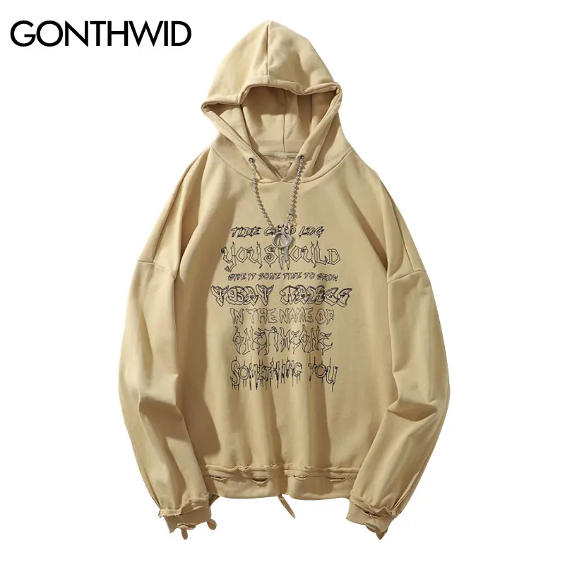 GONTHWID хип хоп рваные с дырками принтом толстовка пуловер свитшот уличная одежда