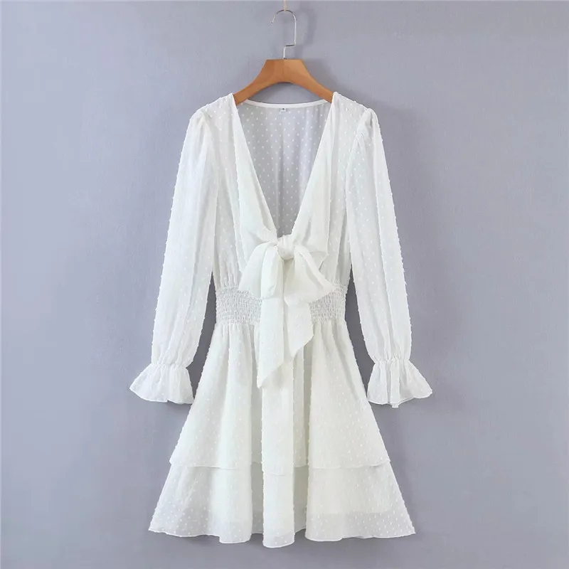 

Chic Lady Fashion Knotted Bow V-Neck Summer Za white Mini Dresses Women Elegant Elastic High Waist Cascade Chiffon Dress