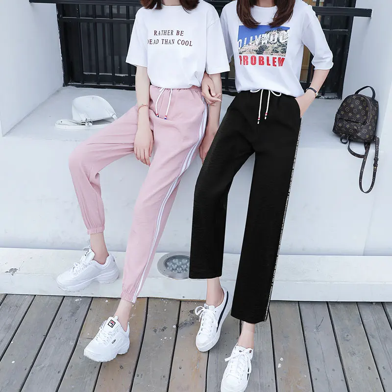 

Женские спортивные штаны-шаровары розового цвета, новинка весны и лета 2021, тонкие свободные шаровары из ледяного шелка с защитой от москито...