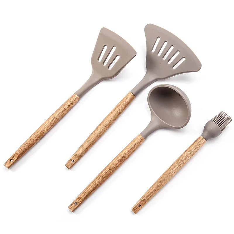 Набор силиконовой кухонной посуды с деревянной ручкой бытовая антипригарная