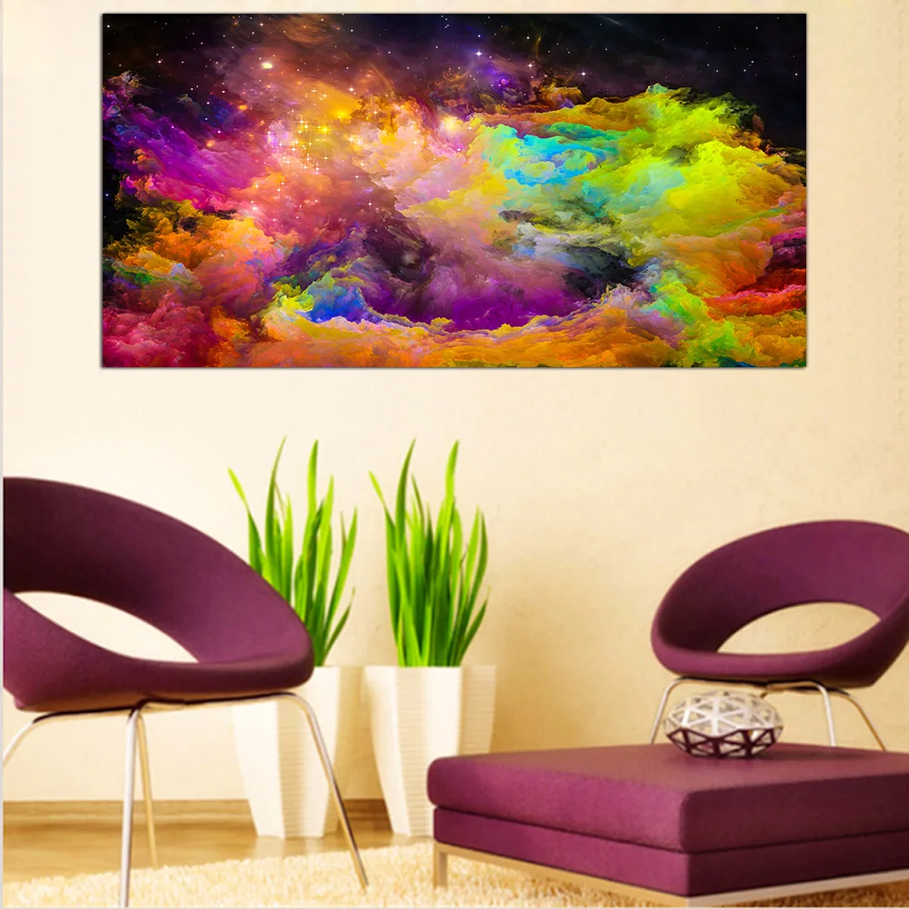 

Abstract Cloud Stars Waves Painting Modern Wall Art Print Multi-Colored Wave Picture Artwork on Canvas for Office Decorations