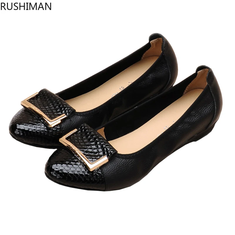 

RUSHIMAN 2020 leather light mouth set foot bean shoe casual soft sole flat heel women's shoes big yard 35-43