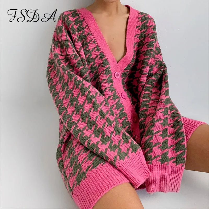 

FSDA 2021 Autumn Winter Houndstooth Cardigan Women Oversized Long Sleeve Knitted V Neck Khaki Black Casual Sweater Fashion