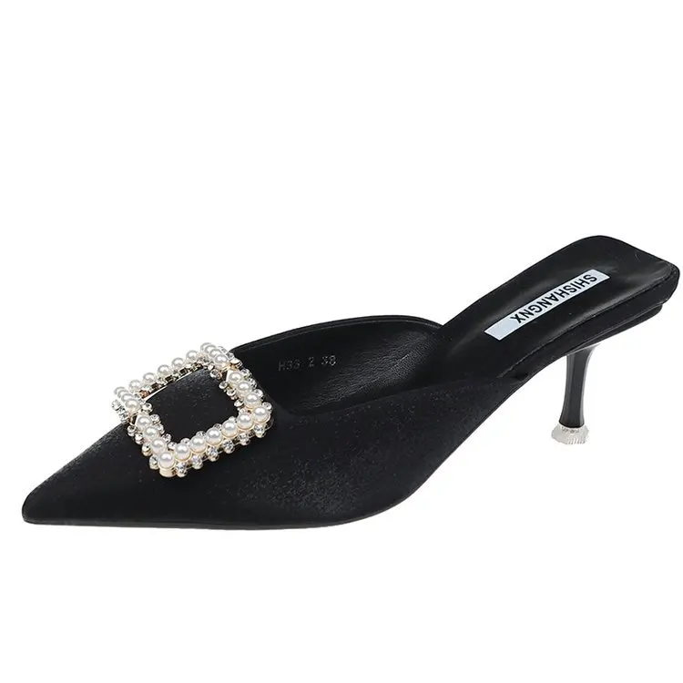 

Shallow Med Shoes Woman 2021 Slippers Casual Pantofle Glitter Slides Cover Toe Low Luxury Soft Summer New Jelly Pointed PVC Rubb