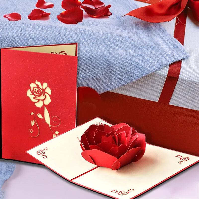 

Romantic Floral Love Card 3D Pop-up Flower Greeting Card Couple Anniversary Paper Card for Wedding Party Valentine's Day