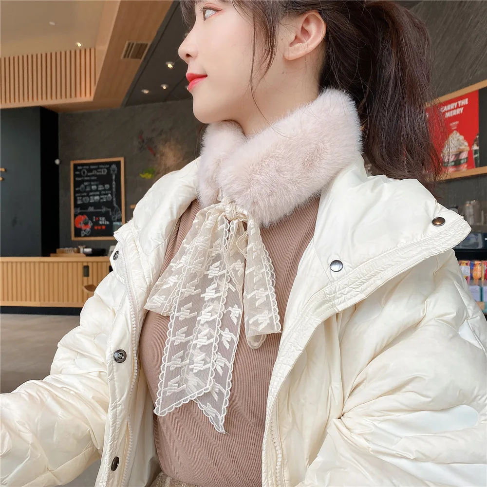 

8*170cm Women Girls Winter Faux Fur Lace Ribbon Plush Warm Cute Fashion Solid Scarf Kids Children Neck Ring Scarves Fake Collar