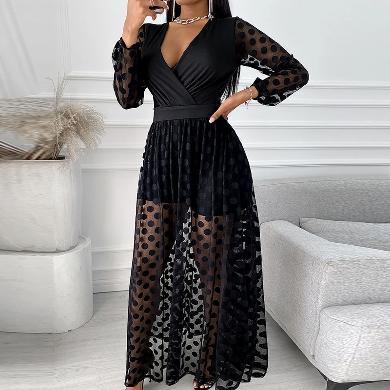 

Women Sexy Patchwork Dot Print Mesh Playsuits Elegant V Neck See-Through Long Sleeve Romper Casual Loose Shorts Beach Jumpsuits