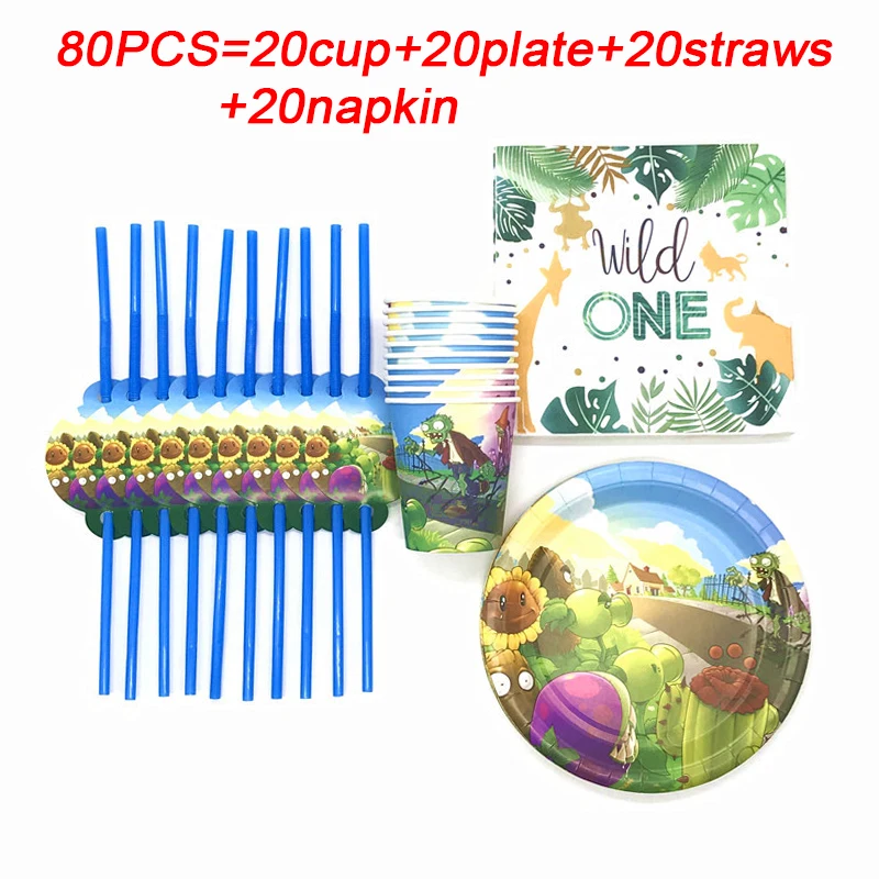 

50/80pcs Plants vs Zombies Paper Cups Plates Napkin Disposable Tableware Plants vs Zombies Birthday Party Supplies Decor Banner