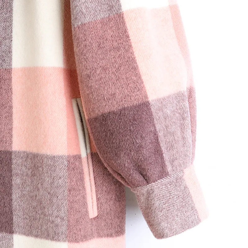 

Double-sided Woolen Straight Cylinder Double-breasted Lapel Mid-length Fashionable Plaid Over The Knee New Wool Coat Women B189