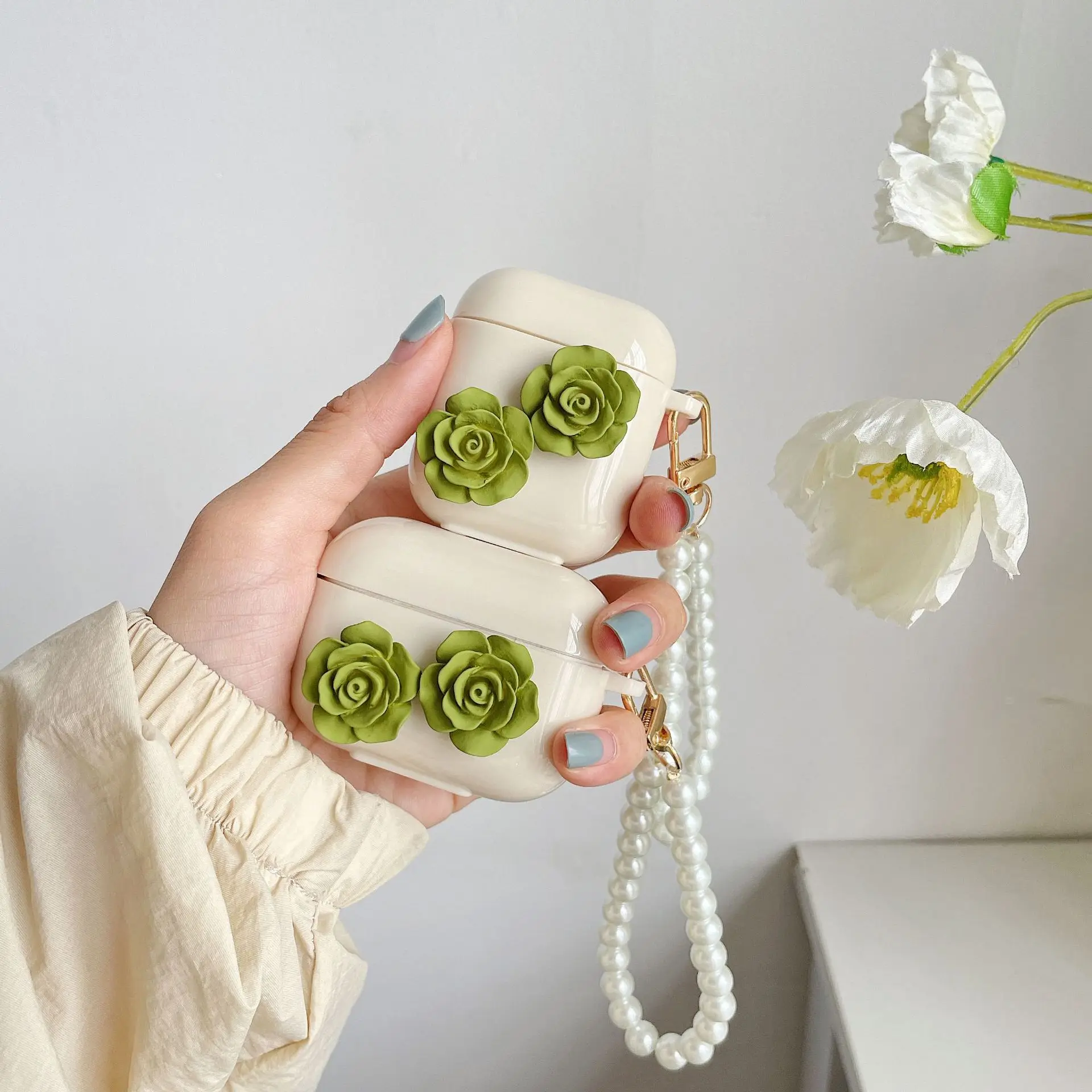 

White Matcha Green Rose AirPods Pro Bluetooth Wireless Earphone Protective Case 1/2/3 Generation Applicable