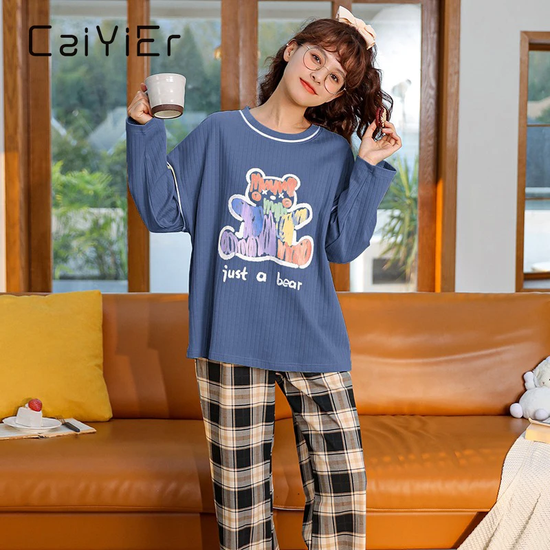 CAIYIER Cartoon Print Women Pajamas Set Long Sleeve Cotton Sleepwear Autumn Winter Girls Nightwear Soft Loose Loungwear Pyjama
