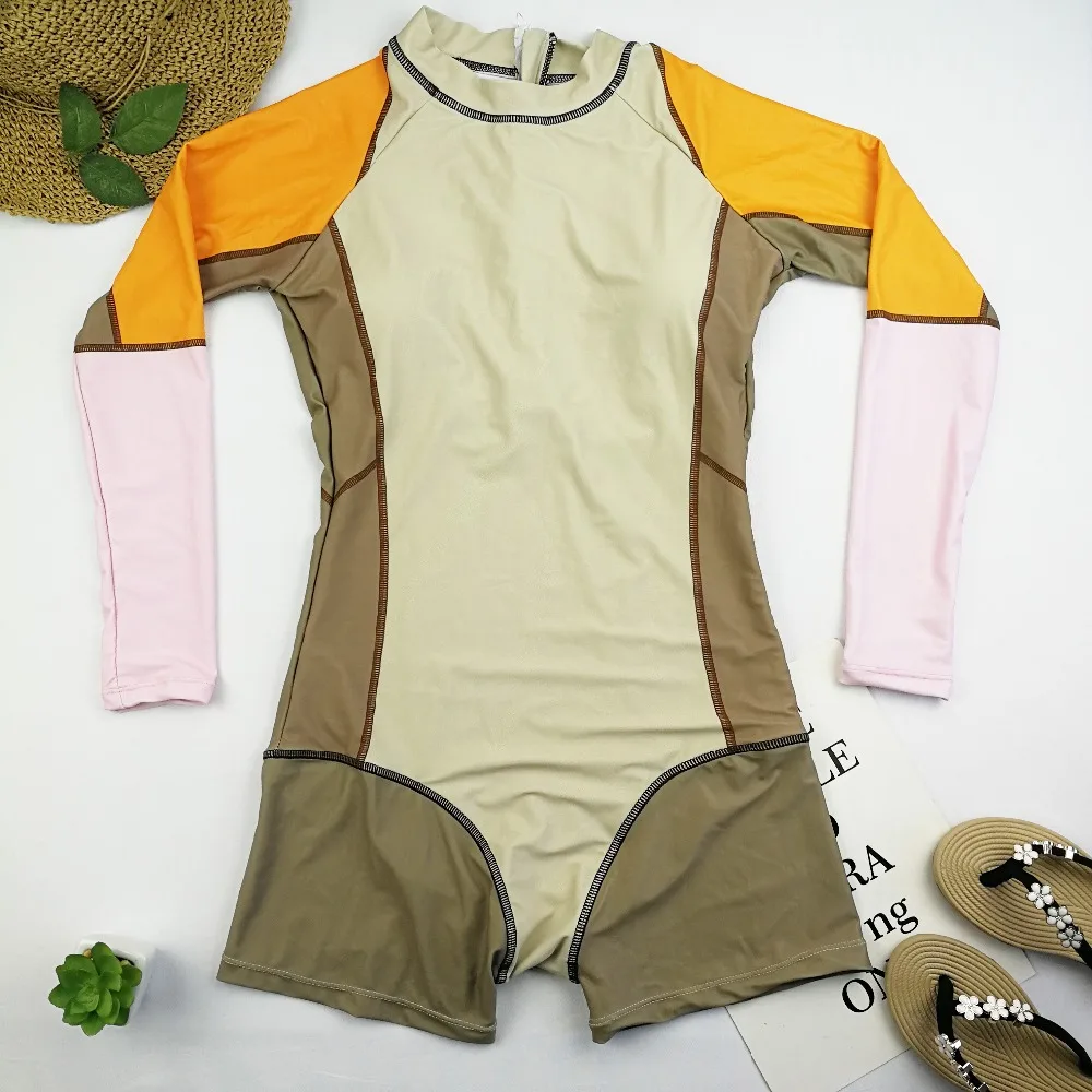 Длинный рукав Рашгард женский лоскутный купальник с высокой горловиной Цельный