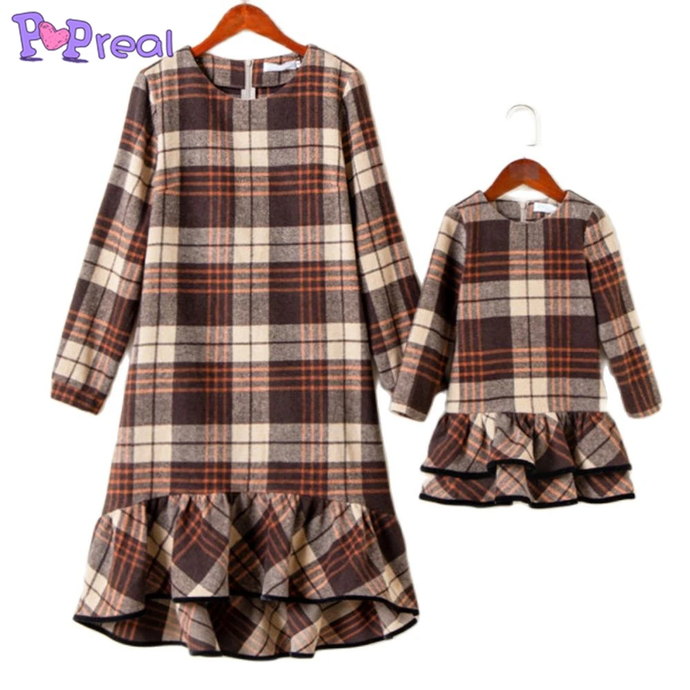 

PopReal Spring Mom And Daughter Dress Sweet Brown Plaid Long Sleeve Ruffle Hem Mother Girl Clothes Family Matching Outfits