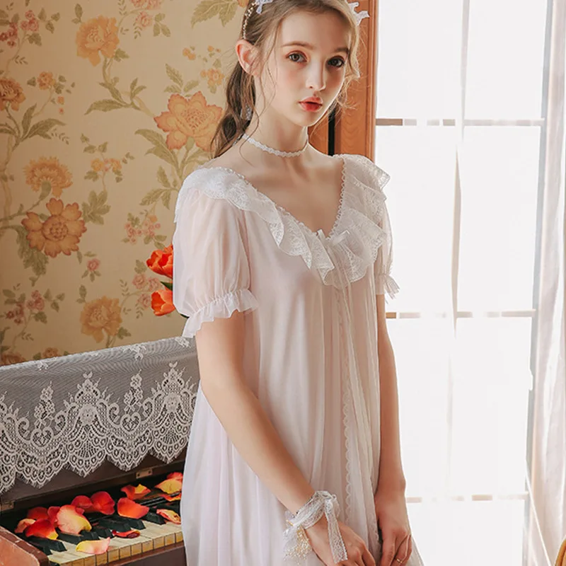 Roseheart Women Homewear White Pink Sexy Sleepwear Nightdress V Neck Lace Nightwear Long Luxury Nightgown Female Court Gown