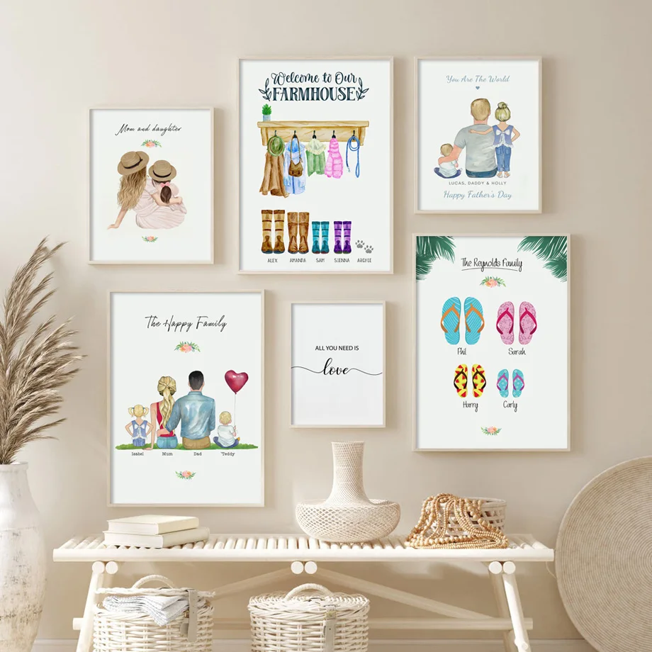 

Настраиваемая креативная семейная картина с именем, художественные скандинавские плакаты и принты, настенные картины для гостиной, Декор б...