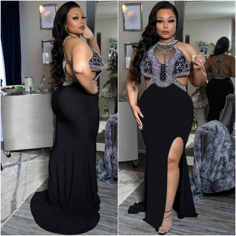 

Eightale Mermaid Evening Dress Beaded with Rhinestones Sexy Muslim Arabic Prom Dress Black Custom Made Party Gown robe de soire