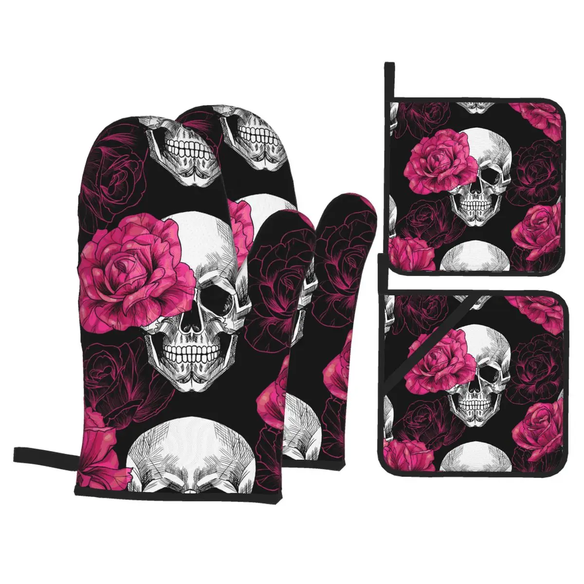 

4 Set of Kitchen Gloves Insulation Skulls And Pink Roses Pad Cooking Microwave Gloves Baking BBQ Oven Potholders Mitts