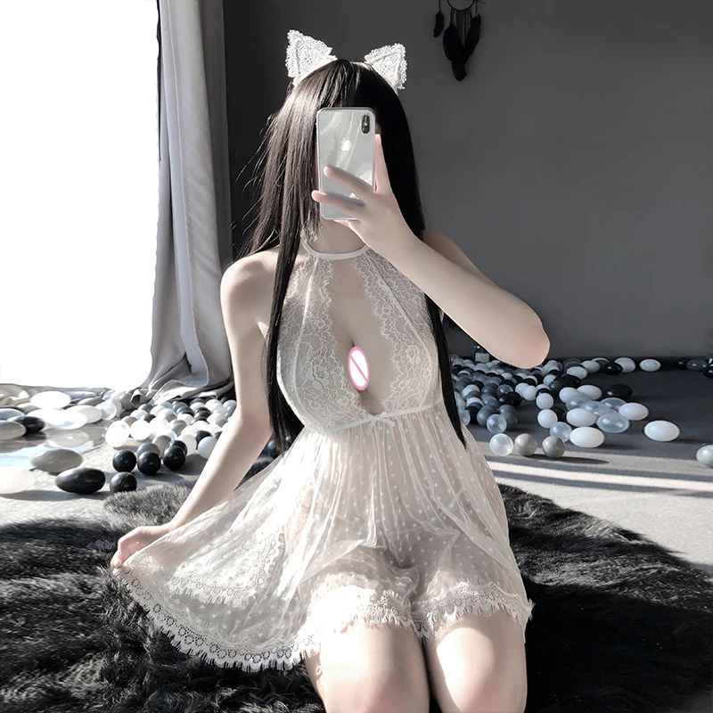 OJBK 2 Colors Sexy Transparent Mesh Lace Wave Point Women's Underwear Halter Backless Split Erotic Lingerie for Sex Plus Size