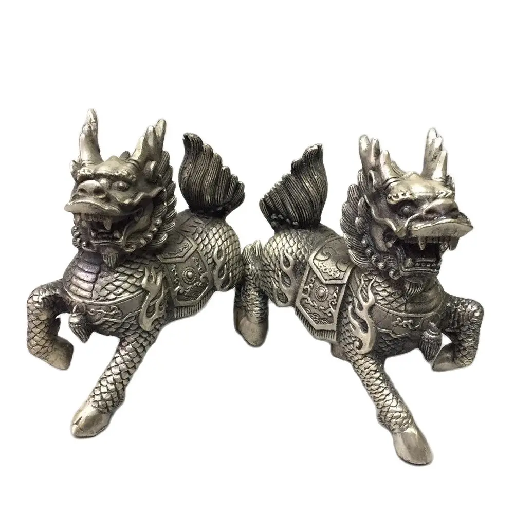 

China Silver Sculpture Wealth Flower JiXiang Dragon Kylin Statue Pair metal handicraft